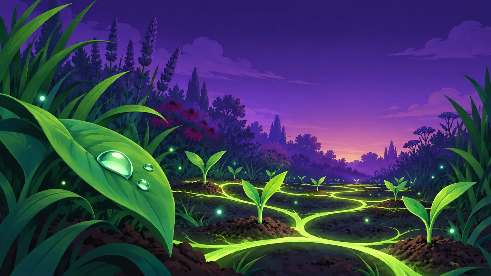 A twilight garden where bright green paths connect young shoots.