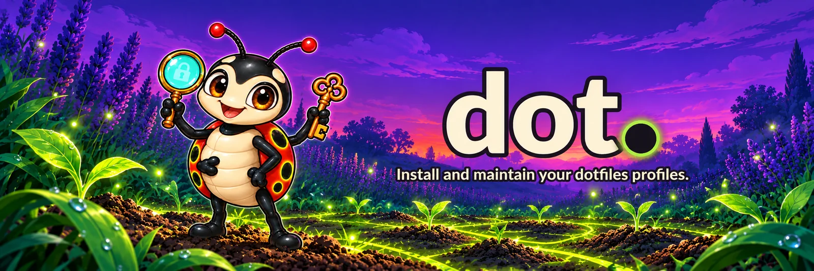 dot: a ladybug with four arms holding a magnifying glass with a padlock and a golden key, standing among young shoots in a twilight garden where glowing green lines link the shoots. Install and maintain your dotfiles profiles.
