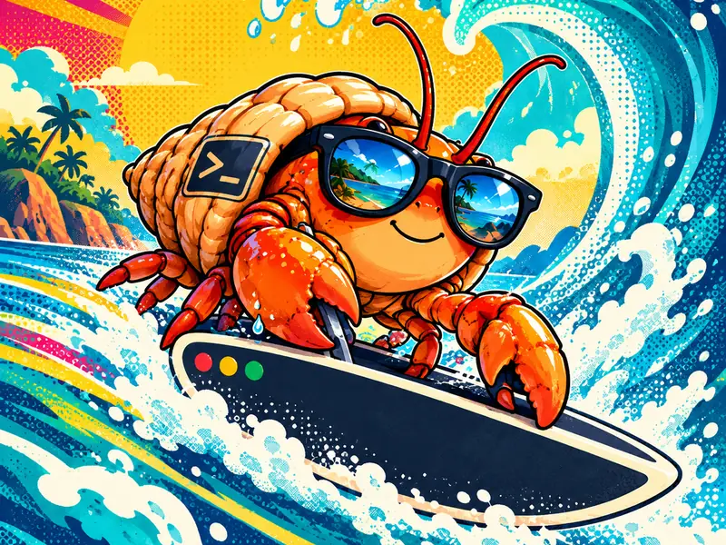 The crab surfing a huge wave on a surfboard shaped like a terminal window