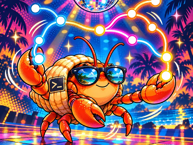 The crab juggling glowing git branches under a disco ball