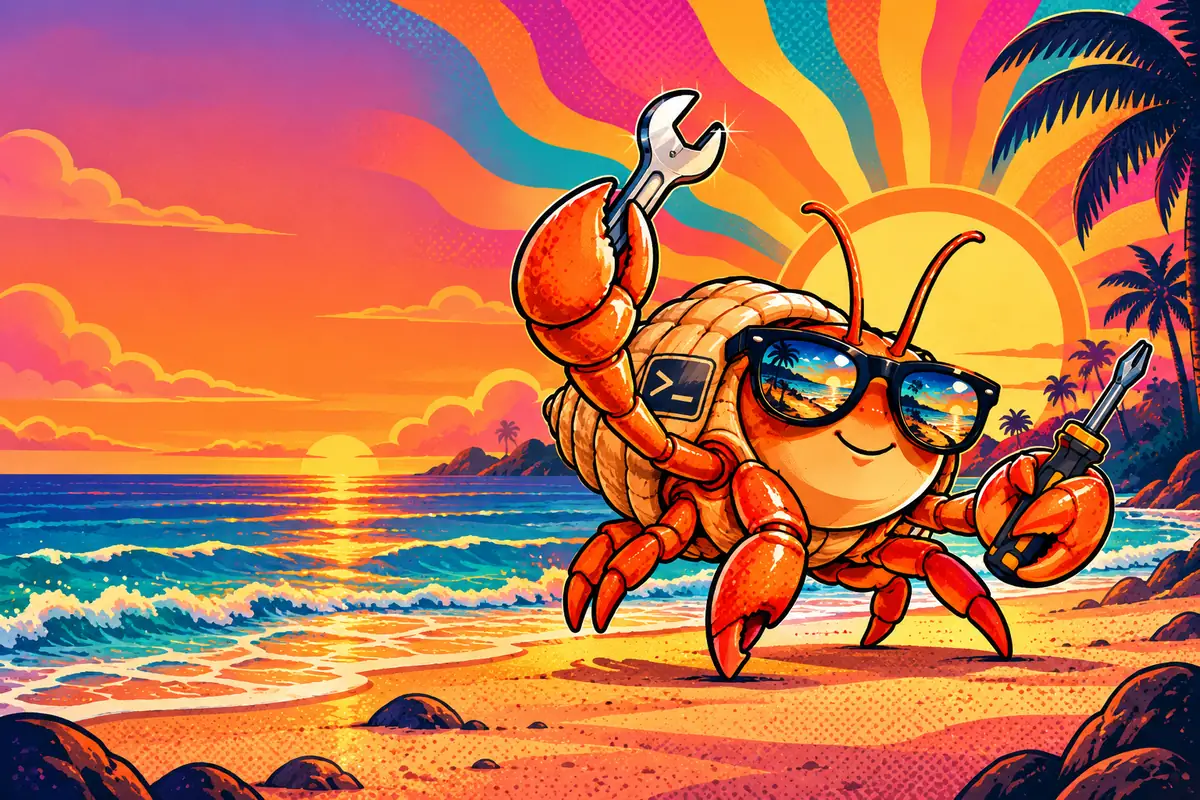 The shellkit hermit crab, in sunglasses, dancing on the beach at sunset with its wrench raised