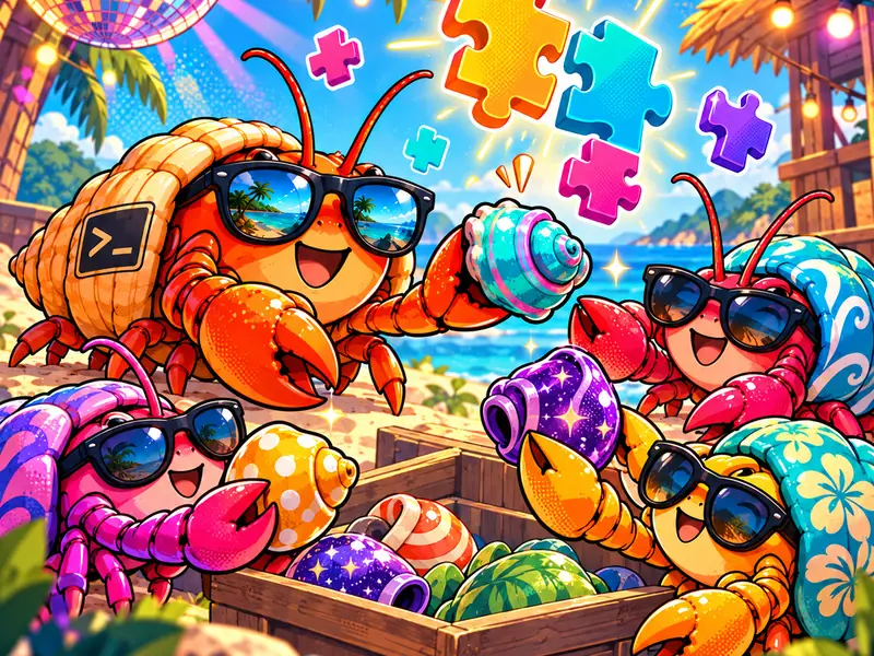A party of hermit crabs swapping colorful shells, puzzle pieces floating above them