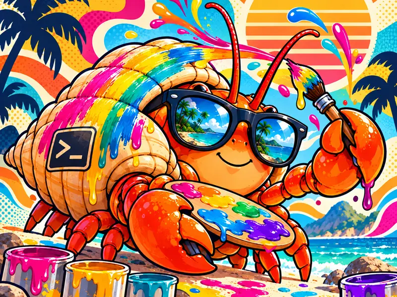 The crab painting its own shell with rainbow stripes